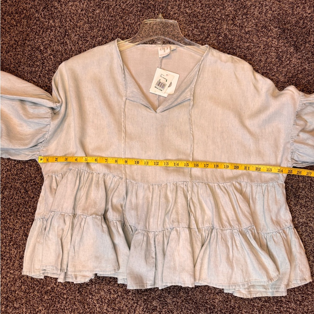 AP Adyson Parker Boho Light Blue Ruffle Hem Chambray Peplum Women's Top Size XL - Picture 9 of 11